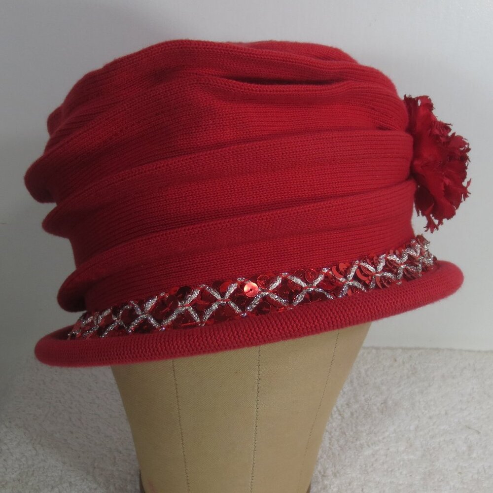 Parkhurst Hat Red Vintage Ladies Sequin Slouchy Cotton Knit Flower Size 7 3/8